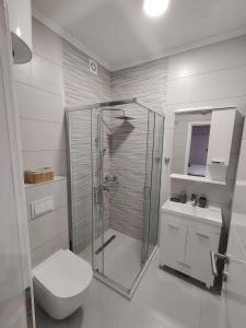 a bathroom with a shower and a toilet and a sink at Apartmani Uroš Trebinje in Trebinje