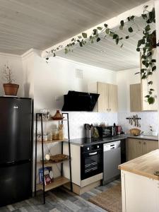 a kitchen with a black refrigerator and a counter at Appartement Royat bourg in Royat