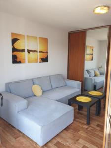 salon z kanapą i stołem w obiekcie Apartament Konrad w centrum 600 m od morza w Kołobrzegu