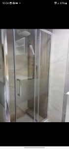 a shower with a glass door and a sink at Apartments 4 seasons in Ohrid