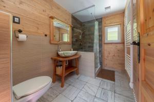 a bathroom with a toilet a sink and a shower at Resort pri Hrastu in Kamnik