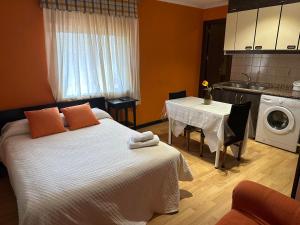 ein Schlafzimmer mit einem Bett und einem Tisch mit einer Waschmaschine in der Unterkunft Casa Blanco Conde in Laza
