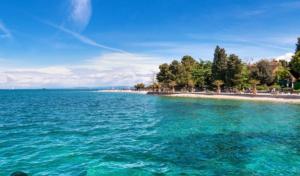 a large body of water with a beach and trees at Apartma Izola in Izola