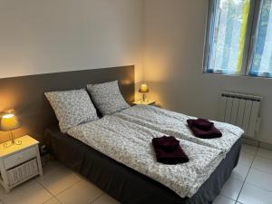 a bedroom with a bed with two towels on it at Maison de bord de Loire in Sully-sur-Loire +7 photos