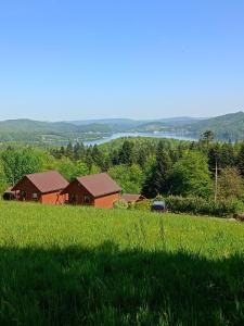 un champ d'herbe verte avec une maison en arrière-plan dans l'établissement Domki U Julka Nad Jeziorem Solińskim z Jacuzzi, à Werlas 13 autres photos