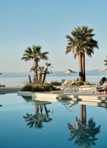 a pool of water with palm trees and the ocean at Cora Hotel & Spa in Afitos
