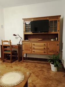 a living room with a wooden entertainment center with a tv at Apartments Villa Vanja in Povlja