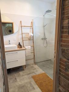 a bathroom with a shower and a sink and a shower at Studio Les Granges in Maulévrier