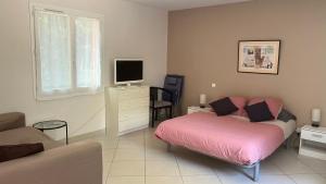 a bedroom with a bed and a television in it at Studio indépendant calme pas loin du centre in Nîmes