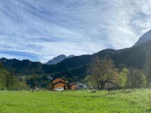 a house in a field with mountains in the background at Alloggio agrituristico Pociat in Pradis