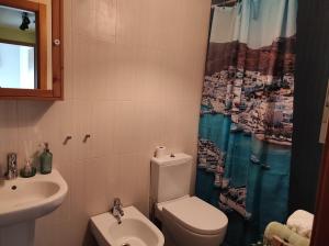 ein Badezimmer mit Toilette, Waschbecken und Duschvorhang in der Unterkunft Oasis o,xuncal in San Cosme de Barreiros + 13 Fotos