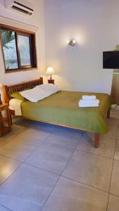 una camera da letto con un grande letto e un copriletto verde di Apartamentos Don Gerardo ad Asunción
