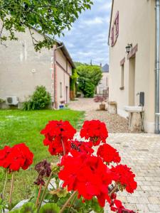 a bunch of red flowers in front of a building at Nature et Bord d'Etang à Jars in Jars