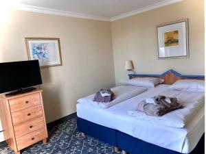 two beds in a room with a tv and a bedroom at Country Hotel Timmendorfer Strand in Timmendorfer Strand