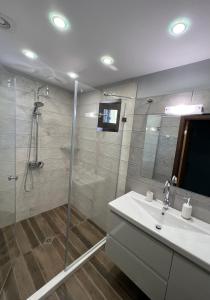 a bathroom with a shower and a sink and a mirror at Villa Alessandra in Emona +4 photos