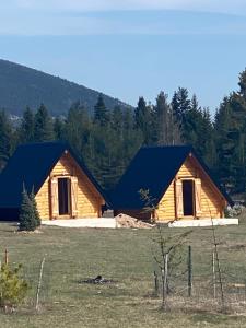 a log cabin with a blue roof in a field at Podgora 1 in Žabljak