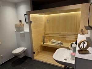 a bathroom with a toilet and a sink at Ommi Kese See-Suite Sauna Biggesee in Olpe