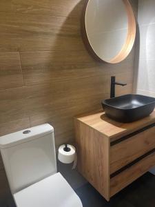 ein Badezimmer mit Waschbecken, Toilette und Spiegel in der Unterkunft Luxury Bungalow Sonnenland in Sonnenland + 4 Fotos