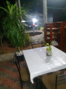a white table and chairs with a plant on it at New Hamsam Villa in Kallady