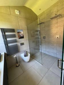 a bathroom with a glass shower and a toilet at Lavish Dorset countryside retreat in Bradpole