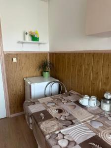 a room with a bed and a refrigerator at Apartament La Ilie in Ocna Sibiului