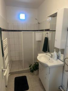 a white bathroom with a sink and a shower at Apartament La Ilie in Ocna Sibiului