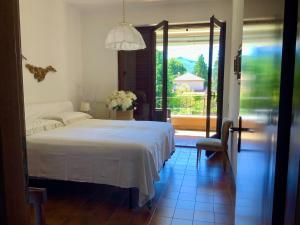 a bedroom with a bed and a large window at Casa Giò in Brusimpiano