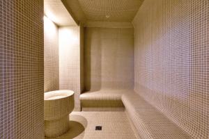 a bathroom with a toilet and a bath tub at White Olive Premium Laganas in Laganas