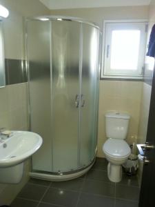 een badkamer met een douche, een toilet en een wastafel bij Potamos Apartment in Limassol