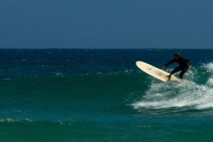 een man die op een surfplank in de oceaan op een golf rijdt bij Tenuta Naturale in Villa San Pietro
