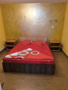 a bed with red sheets and red pillows on it at Casa de vacanță Anni - 2 min de piață in Eforie Nord