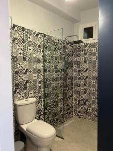 a bathroom with a toilet and a shower at Χαβίνη 35 in Amfilochía +2 photos