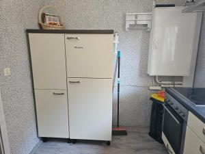 a white refrigerator in a kitchen next to a counter at Gästewohnung in der Nähe des Ferienparks Plötzky in Plötzky +3 photos