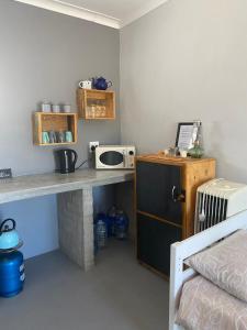 a kitchen with a counter with a microwave and a table at Arendsnest in Springbok +29 photos