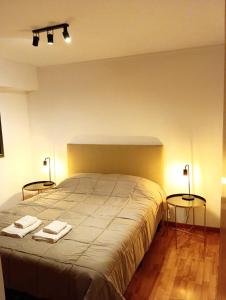 a bedroom with a large bed with two tables at Alójate 12 - Moderno y luminoso - 4 o 2 personas Zona Hospital Español-Estadio Unico in La Plata