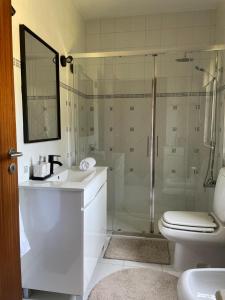a bathroom with a shower and a sink and a toilet at À Beira Lago - Casa de férias in Mira