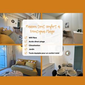 a collage of pictures of a living room with a sign at The beachside coquette in Frontignan