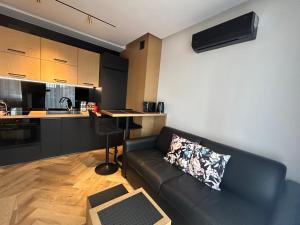 a living room with a couch and a kitchen at Business Apartment Płock in Płock