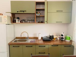 a kitchen with green cabinets and a sink at Arvisura Vendégházak family and pet friendly apartments in Zsombó