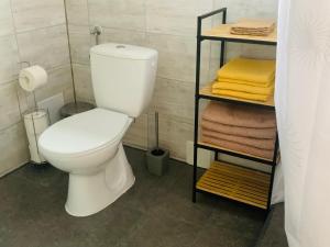 a bathroom with a toilet and a shelf with towels at Arvisura Vendégházak family and pet friendly apartments in Zsombó +137 photos