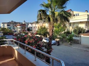 a balcony with a palm tree and a street with buildings at Garden Prizma Rooms&Aparts in Kemer