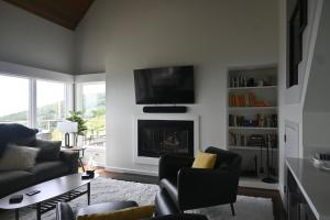 a living room with a couch and a fireplace at Panoramic Ski Slope Views, private sauna, dogs ok in Wintergreen