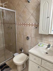 a bathroom with a toilet and a shower and a sink at Praia seca Paraíso in Araruama