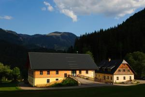 una grande casa con tetto nero accanto a una montagna di Ferienstadl - Hammerau a Göstling an der Ybbs