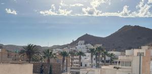 a city with buildings and palm trees and a mountain at Apartamento San Antonio 1 in Carboneras