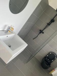 une salle de bain avec un lavabo blanc et des toilettes dans l'établissement Seeblick Bodensee 6 Free parking Free internet, à Bregenz