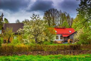 una casa con techo rojo en un campo en Saule, en Talsi