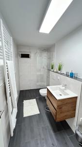 a white bathroom with a sink and a toilet at Ferienhaus Am Trollmönch in Goslar