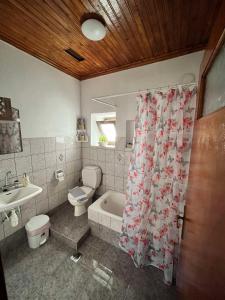 a bathroom with a toilet and a shower curtain at Rustic House in Miléa +34 photos