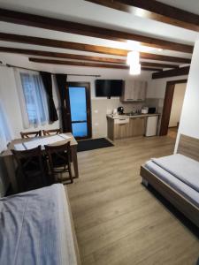 a large living room with a table and a kitchen at Pensiunea ANCA in Statiunea Borsa